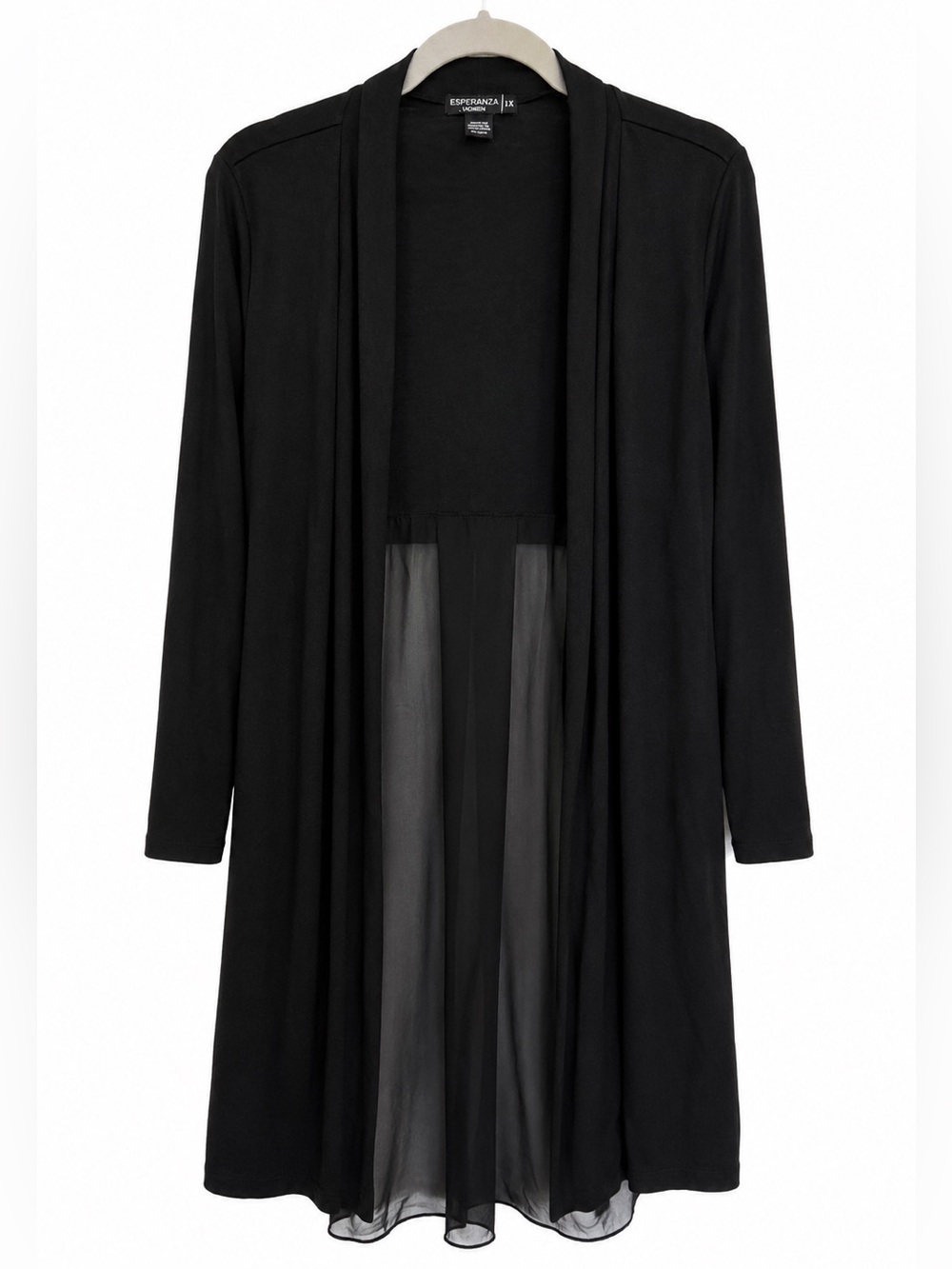 Esperanza Women 1X Black Open Front Duster Cardigan Sheer Hem Lightweight